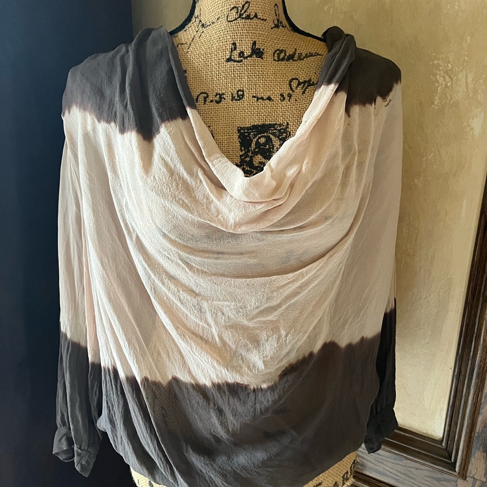 Brown and beige tie dye crepe sheer blouse